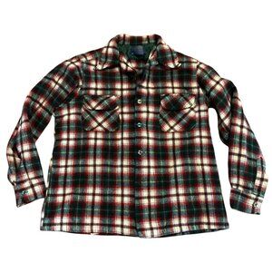 Vtg Pendleton Board Shirt Shacket L Loop Collar Red Green Plaid Virgin Wool USA